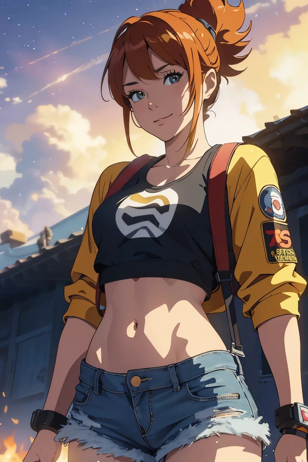 The centerpiece of the image is Misty from Pokémon, standing outdoors with a confident smile. Orange hair styled in a side ponytail, wearing denim shorts with suspenders, yellow crop top that shows off her midriff and navel. Yellow tank top. Cowboy shot posture exudes confidence and strength.

Misty is accompanied by a cute Dragon.

Overall, the image is a masterpiece, with high-quality details and a realistic rendering of Misty, her outfit, and her companion dragon. The colors are vivid and eye-catching, and the image is high-resolution, capturing every nuance of Misty's confident and adventurous spirit.