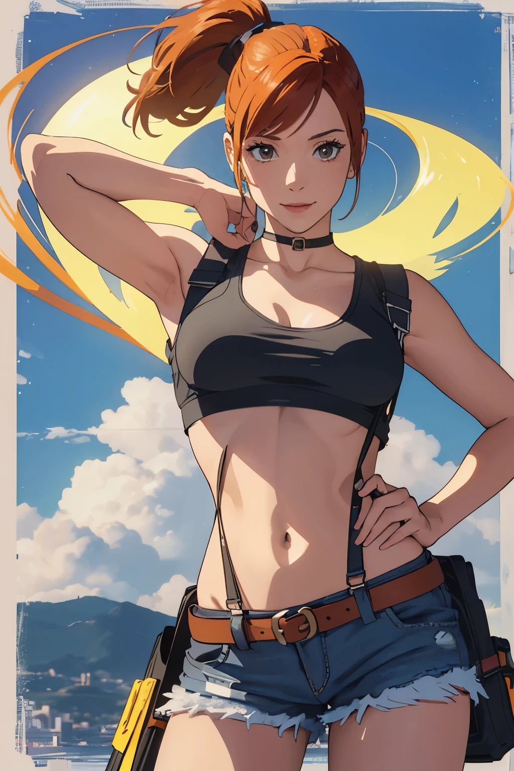The centerpiece of the image is Misty from Pokémon, standing outdoors with a confident smile. Orange hair styled in a side ponytail, wearing denim shorts with suspenders, yellow crop top that shows off her midriff and navel. Yellow tank top. Cowboy shot posture exudes confidence and strength.

Misty is accompanied by a cute Dragon.

Overall, the image is a masterpiece, with high-quality details and a realistic rendering of Misty, her outfit, and her companion dragon. The colors are vivid and eye-catching, and the image is high-resolution, capturing every nuance of Misty's confident and adventurous spirit.