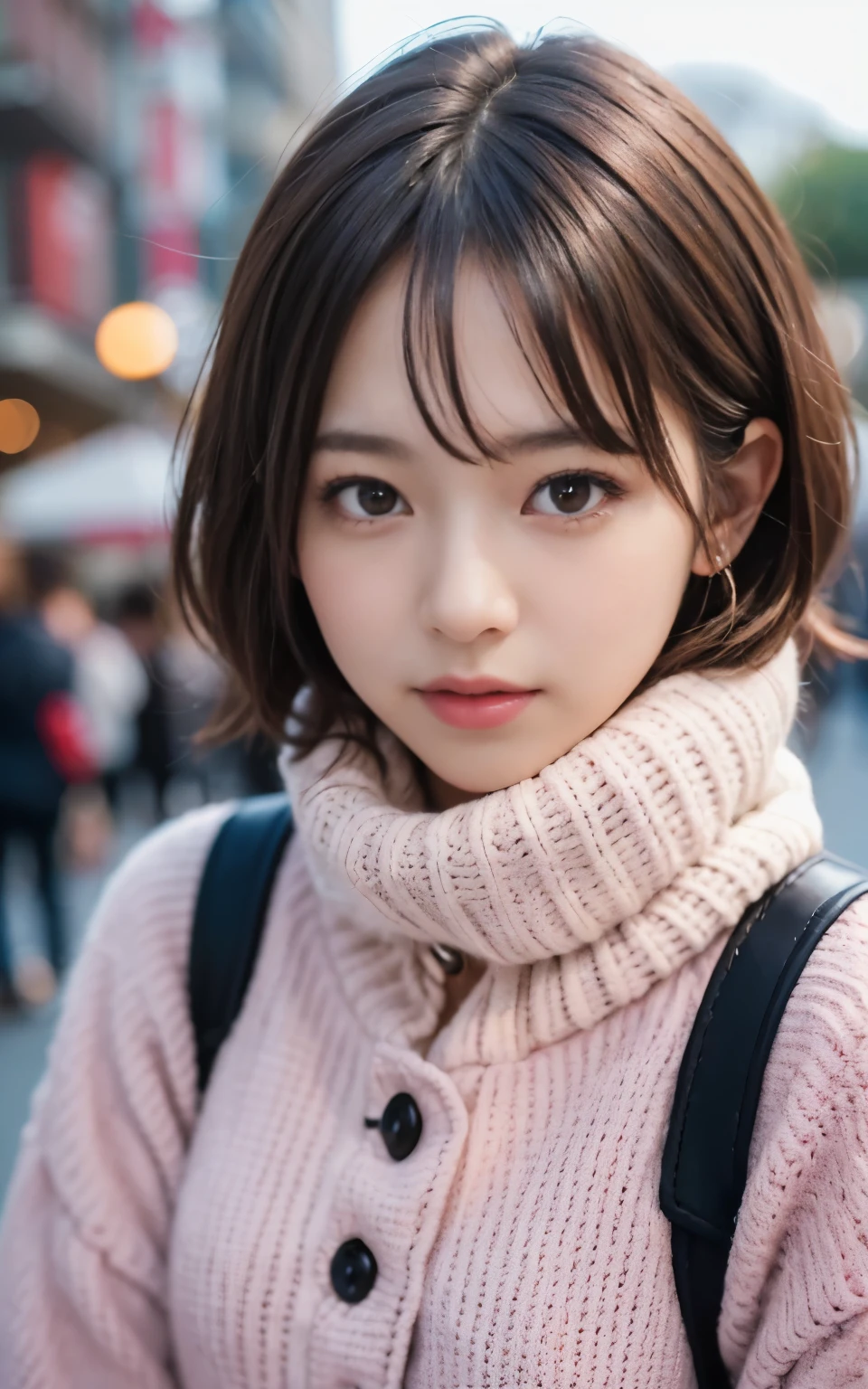 Cute 21 years old Japan、early evening、shopping、Super Detail Face、Eye of Detail、二重まぶた、beautiful thin nose、foco nítido:1.2、prety woman:1.4、(light brown hair,short cut hair, White skin、top-quality、发光、​masterpiece、超A high resolution、(Photorealsitic:1.4)、cute fancy winter clothes、colorful muffler、