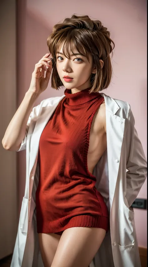 with short brown hair,,,,,，(((Doctor Coat:1.3，Red knitted sweater)))、(8K, Raw photo, top-quality, ​masterpiece: 1.2), ​masterpiece, super detailing, Ultra-high decomposition energy A, (Realistic and realistic photos: 1.37), high-definition RAW color photog...