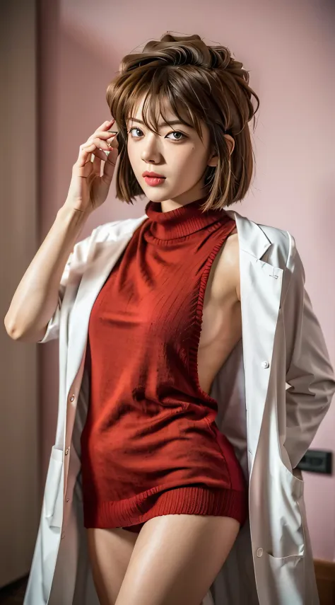 with short brown hair,,,,,,，(((Doctor Coat:1.3，Red knitted sweater)))、(8K, Raw photo, top-quality, ​masterpiece: 1.2), ​masterpiece, super detailing, Ultra-high decomposition energy A, (Realistic and realistic photos: 1.37), high-definition RAW color photo...