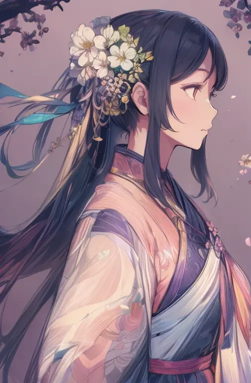 detailed falling flowers petals background, 1girl, detailed Colorful clothing, detailed Colorful hair ornaments, BREAK, fantasy ...