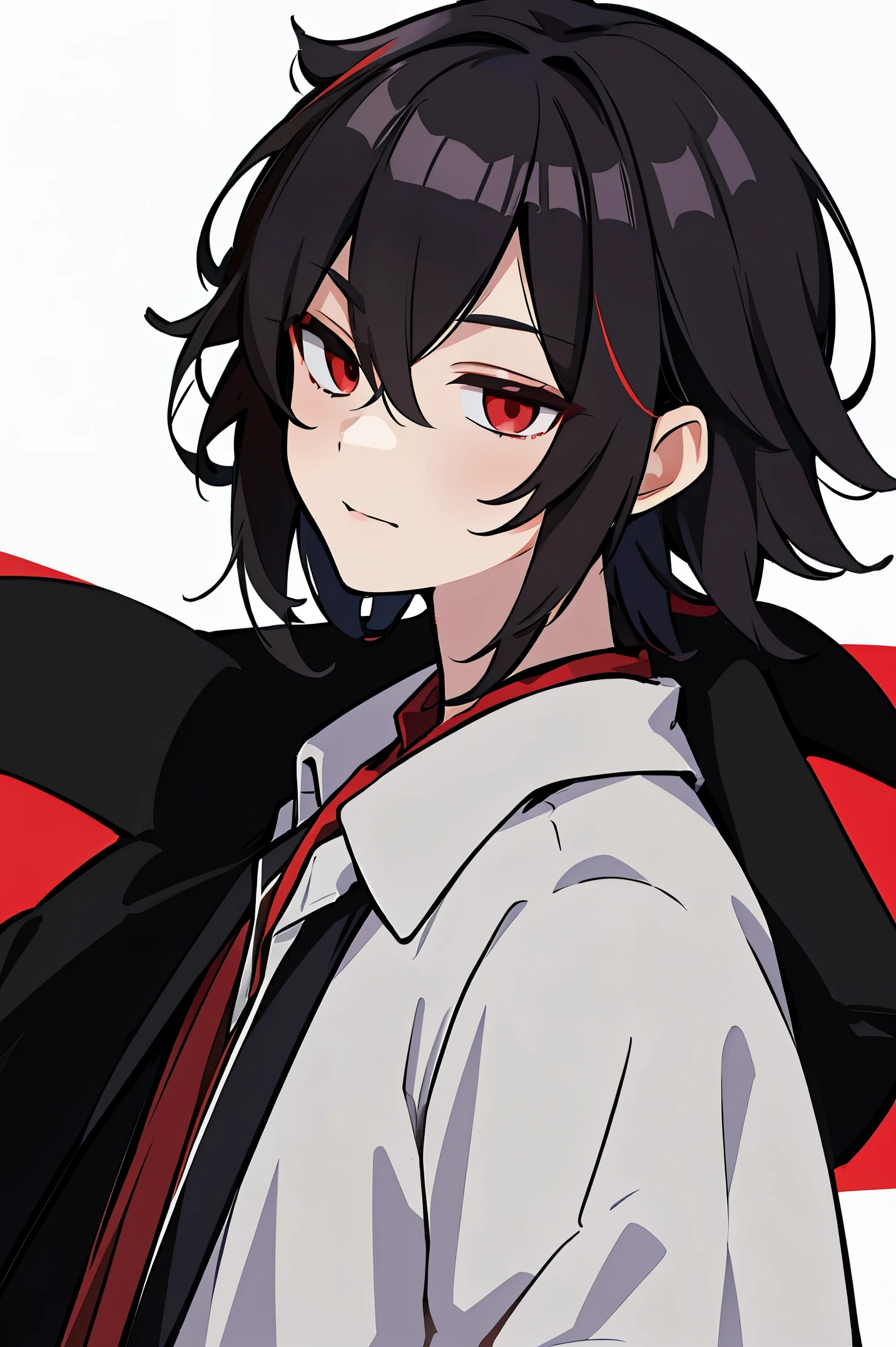 Anime character with black hair and red eyes in front of a flag - SeaArt AI