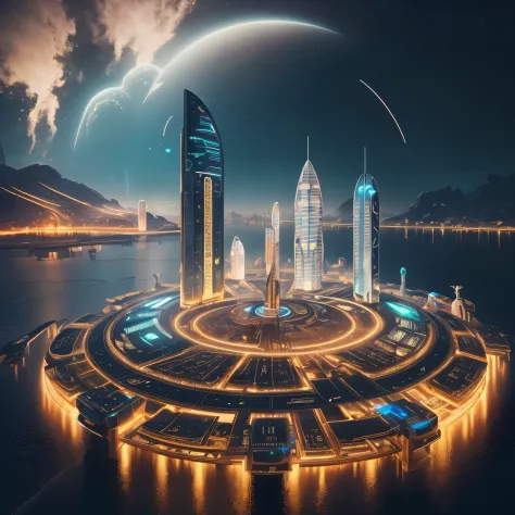 City night scene with circular structure in the middle, Spaceport of the future, photo of The city of the futurescape, Utopian cities of the future, in fantasy sci - fi city, futuristic alien city, The city of the futurescape, alien The city of the future, 美丽的The city of the future, otherwordly The city of the future, The city of the future scape, vista of The city of the future, The city of the future, spaceport city，A circular cyber city on the sea，A sense of future technology，center glowing，beautiful night，Neon light rendering