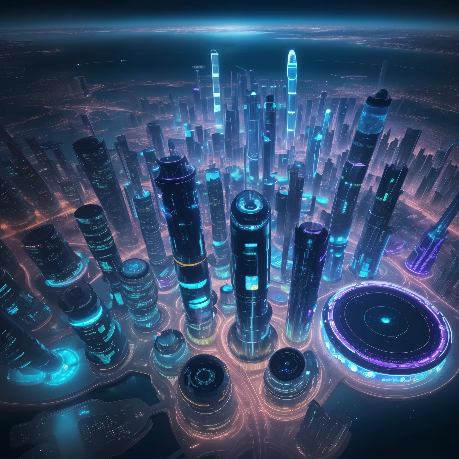 中央に円形構造物がある都市の夜景, 未来の宇宙港, photo of 未来の都市scape, 未来のユートピア都市, ファンタジーSF都市, 未来の異星都市, 未来の都市scape, alien 未来の都市, 美丽的未来の都市, otherwordly 未来の都市, 未来の都市 scape, vista of 未来の都市, 未来の都市, 宇宙港都市，海上の円形サイバーシティ，未来のテクノロジーの感覚，中央が光る，美しい夜，ネオンライトレンダリング