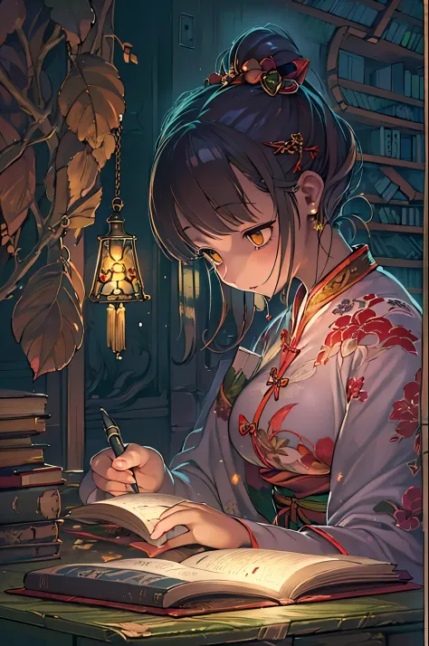 Photo of beautiful girl in traditional chinese dress looking at ancient chinese books under lamp on low table in old walled gard...