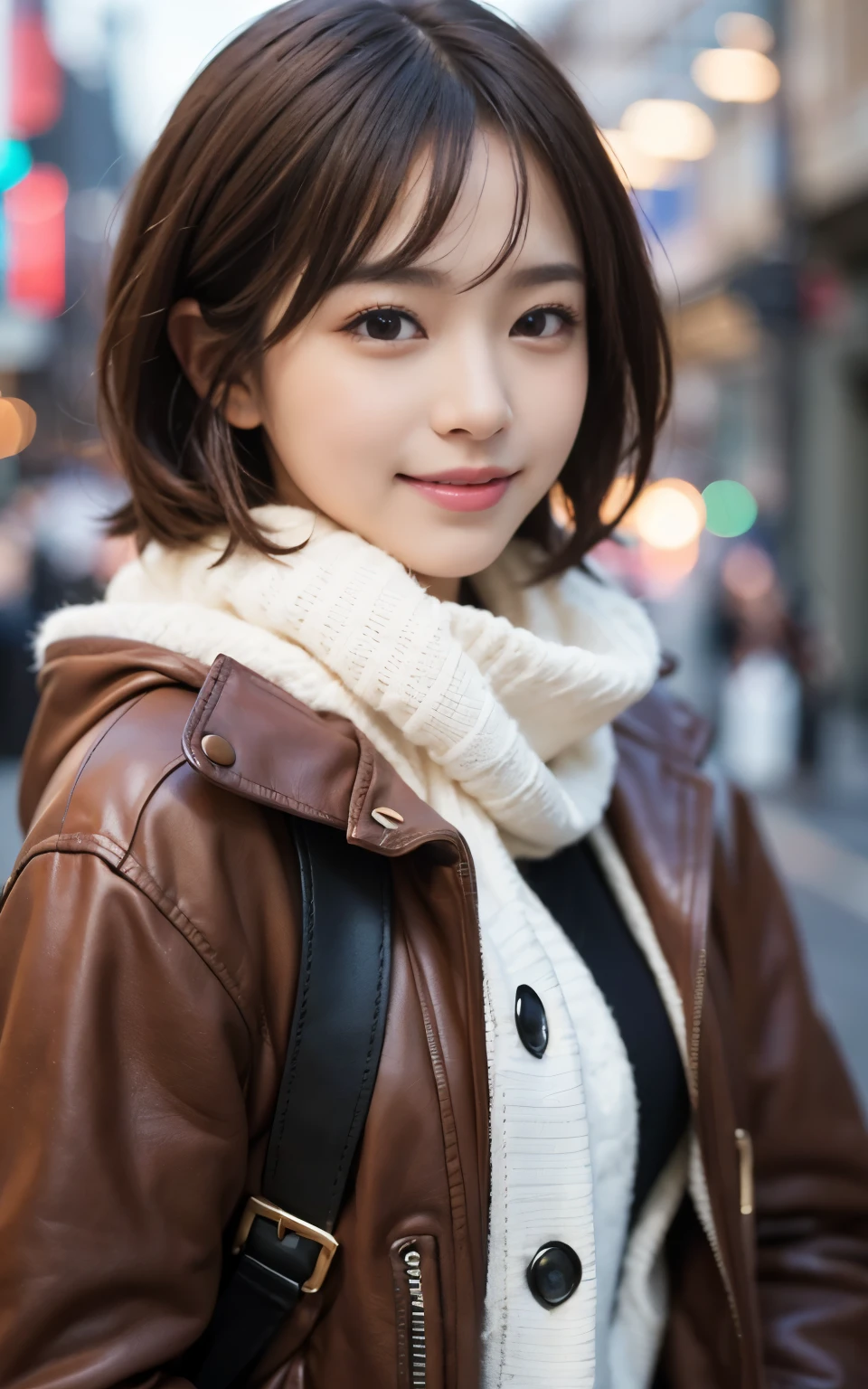 Cute 21 years old Japan、early evening、shopping、Super Detail Face、Eye of Detail、二重まぶた、beautiful thin nose、foco nítido:1.2、prety woman:1.4、(light brown hair,short cut hair, White skin、top-quality、发光、​masterpiece、超A high resolution、(Photorealsitic:1.4)、cute warm coat、colorful muffler、The best smile、