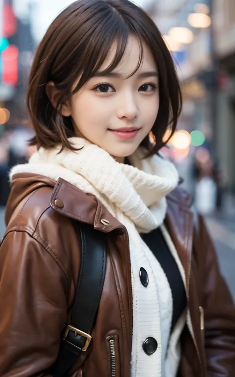 Cute 21 years old Japan、early evening、shopping、Super Detail Face、Eye of Detail、二重まぶた、beautiful thin nose、foco nítido:1.2、prety woman:1.4、(light brown hair,short cut hair, White skin、top-quality、发光、​masterpiece、超A high resolution、(Photorealsitic:1.4)、cute w...