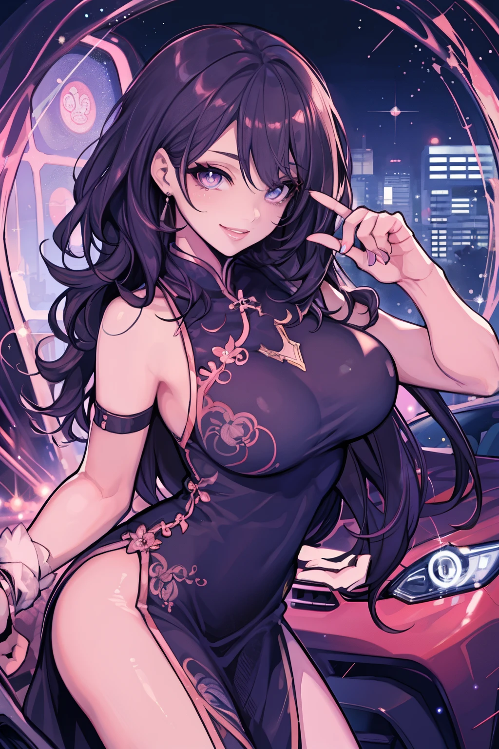 Beautuful Women, Lustrous hair, sparkly eyes, False lashes, Glossy lips, A smile, large full breasts, qipao dress, Thumb and four fingers, Anatomically correct fingers, detail portrayal, Lustrous skin, Leaning against the car,