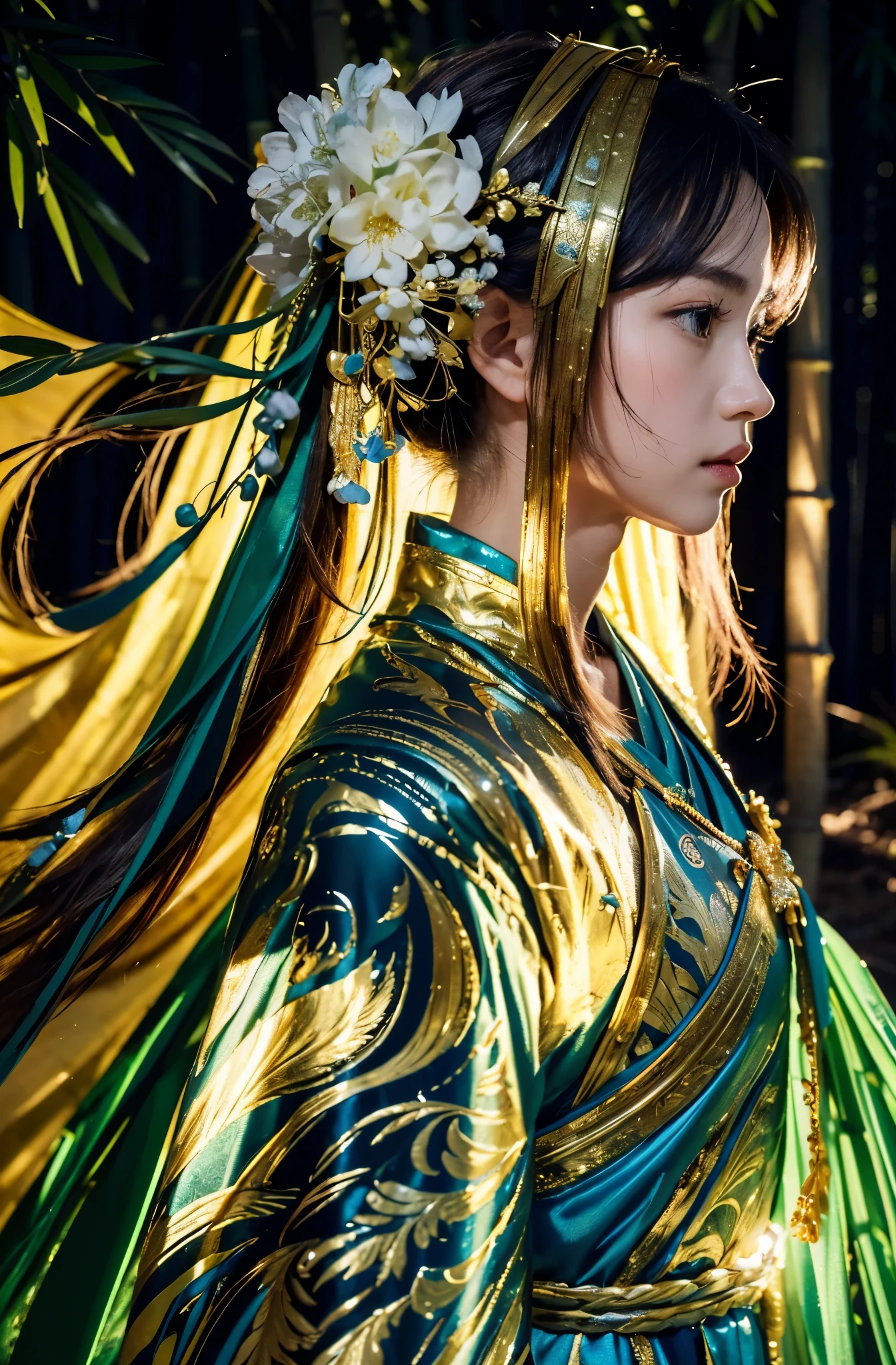 dream-like, forest landscape photos, chineseidol martial arts style, The skin is wet and shiny, (25-year-old girl samurai wearing black combat uniform，Holding a sword with glittering gold details, golden cape), (In a dense bamboo forest，Forest path, natta, 雷Sateen, overcast day, Sateen: 1.2), chineseidol, barbara (genshin impact:0.5), Elsa (frozen):0.5, (Complicated details:1.2), black hair color hair, curlies, lamplight, sad, Brown eyes, symmetrical features, Detailed hands, Detailed hands指画工作:1.2), (Epic work:1.4), (talent:1.2), ultra - detailed, The content is very detailed, insanely details, (realistically:1.2), HighDynamicRange, 8K, Exquisite, Sharp, Elegant, dream-like vivid colors, high high quality, battle garment, (fully body photo: 1.8)，(Faraway view: 1.8)，ultra-wide-angle