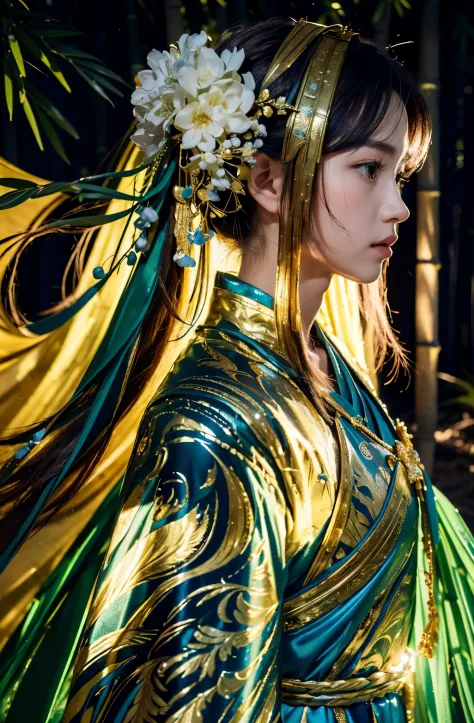 dream-like, forest landscape photos, chineseidol martial arts style, The skin is wet and shiny, (25-year-old girl samurai wearing black combat uniform，Holding a sword with glittering gold details, golden cape), (In a dense bamboo forest，Forest path, natta,...