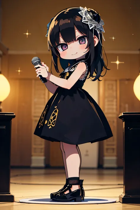Monochrome Art:1.1)、 (Dynamic Pose), (Abstract background:1.Lace one small doll onto a circular stand。、kawaii pose、A smile、A dark-haired、Chibi Doll、Stars in the eyes（kirakira）、Singing with microphone in hand、Eye Up、Laugh、Cute shoes、Ultra Detail, radiant li...