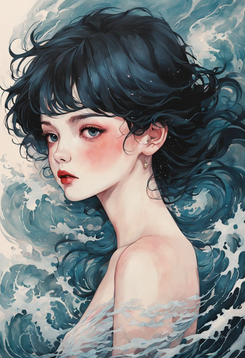 chiaroscuro technique on  illustration of an elegant girl, loli wet hair, vintage, eerie, matte painting, by Hannah Dale, by Harumi Hironaka, extremely soft colors, vibrant, highly detailed, digital illustrations , high contrast, dramatic, refined, tonal, facial expression