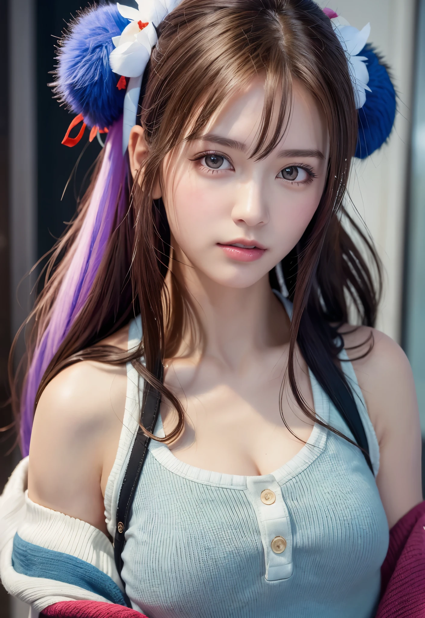 8K, of the highest quality, masutepiece:1.2), (Realistic, Photorealsitic:1.37), of the highest quality, masutepiece, Beautiful young woman, Pensive expression,、A charming、and an inviting look, Oversized knitwear、cleavage of the breast, Hair tied back, Cinematic background, Light skin tone