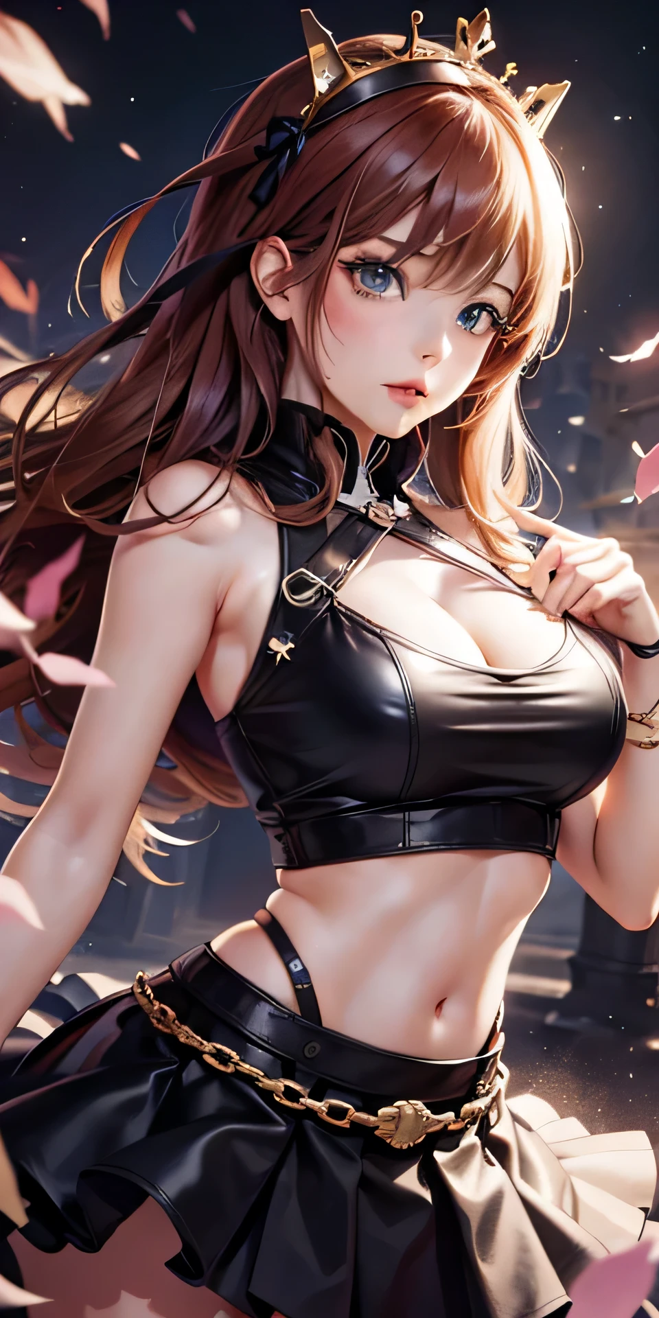 2masterpiece, best quality, anime, highly detailed, 1girl, solo, queen shot, nakano nino, brown hair, hair between eyes, , crown, Crop top , cleavage , model cards , queen cards dress, medium breasts, standing, , castle, Full of background cards HD lighting and dark )<=(epic image quality)dark atmosphere with bright particle light(many effects in background. Clover card symbol.