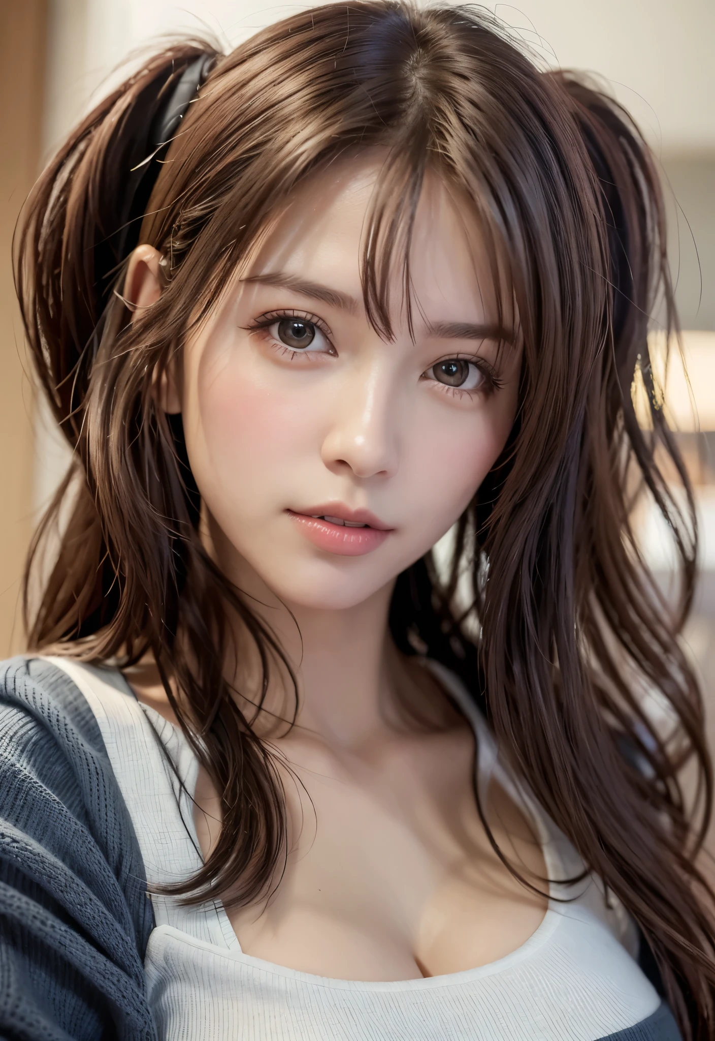 8K, of the highest quality, masutepiece:1.2), (Realistic, Photorealsitic:1.37), of the highest quality, masutepiece, Beautiful young woman, Pensive expression,、A charming、and an inviting look, Oversized knitwear、cleavage of the breast, Hair tied back, Cinematic background, Light skin tone