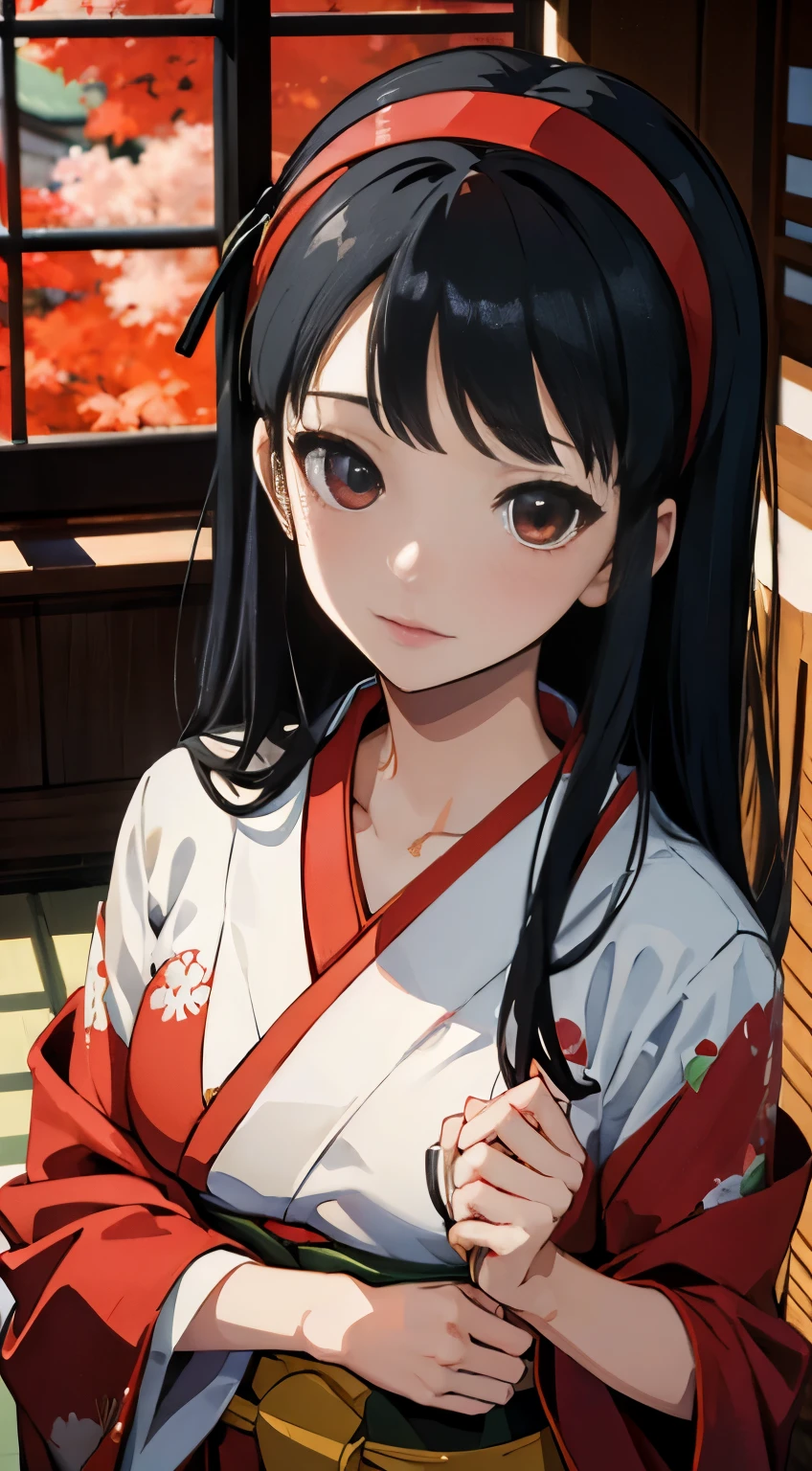 (((Obra de arte))), Imagem de resolução HD 4k, sem desfoque, Yukiko Amagi, vestindo quimono, inocente, dentro de casa japonesa, cenário brilhante