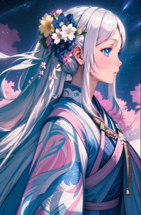extremely intricate, masterpiece, Best quality, award winning, 8K，1girl, ((long white hair)), (pink flower), (blue eyes), night sky, shooting star, starry sky, colorful cloth