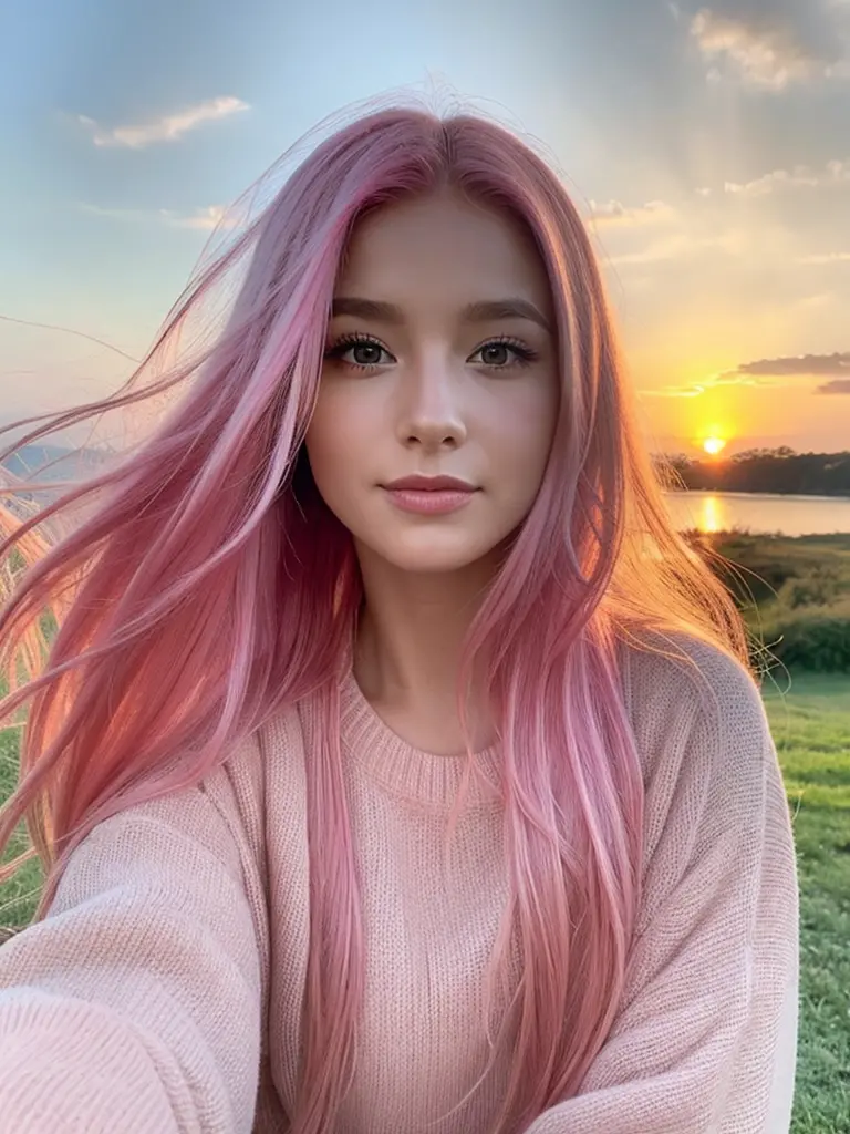 girl, vibrant pink hair, long hair, makeup, sunrise