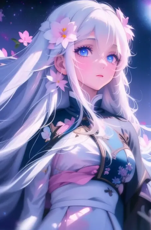 extremely intricate, masterpiece, best quality, award winning, 8k，1girl, ((long white hair)), (pink flower), (blue eyes), night ...