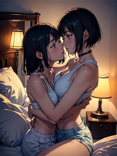 Two lesbian girls kissing, shoulders and neck, sweaty, Hot, hugs, sexy for, 好色的, , stas, Bedsroom, Beds, in Beds, dark chamber, a lamp, Lie down, face to face