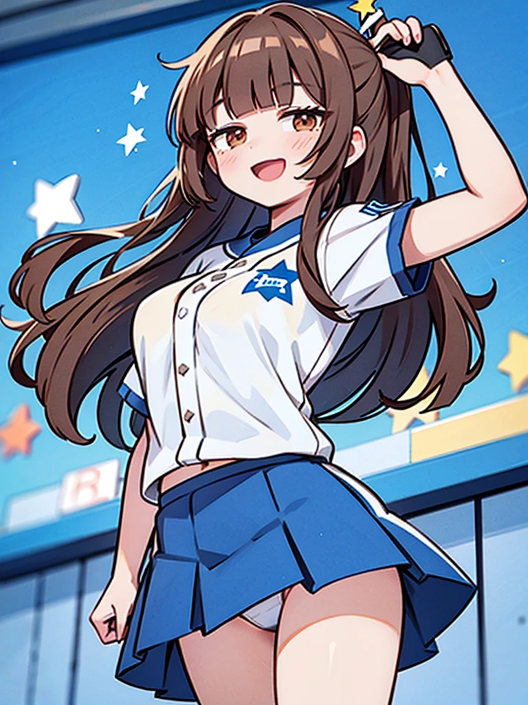 1girl, (solo), mini skirt, (white dot panties),
((Blunt bangs)), brown hair, brown eyes, long straight hair, ((silver-star-hairpin on her right bang)), blue baseball uniform, Left Wing Seats at the baseball stadium, with flag, cheering, full house, huge smile, 
masutepiece, ultra-detailliert, best quality,　other customers,