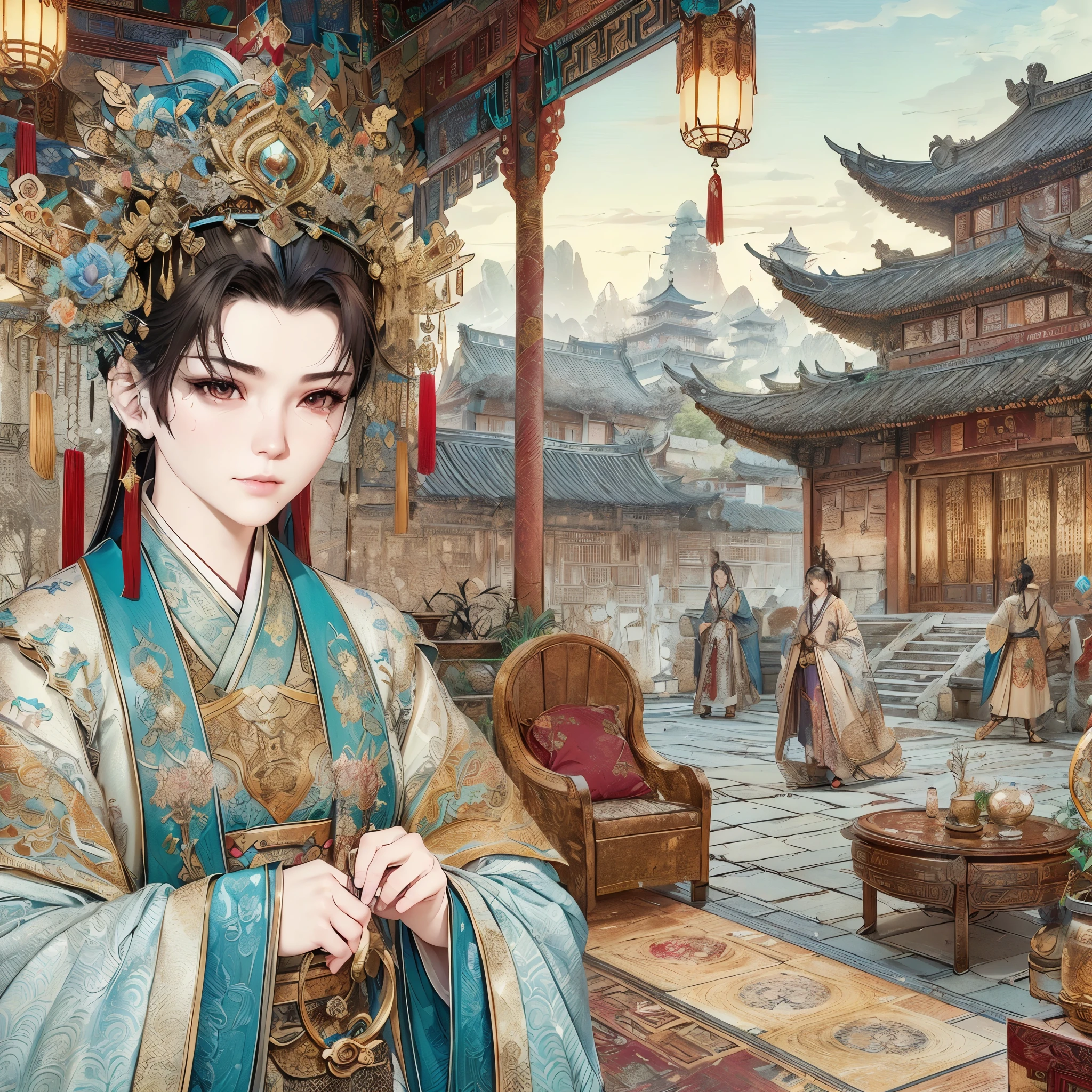 generate donghua character wearing traditional chinesse dress living at ancient chinesse era, chinesse castle, chinesse ornament,  masterpiece, hyperdetail, 8k, ambient effect, digital effect, masterpiece, best quality:1.2),(8k,highres,RAW photo,realistic,photo-realistic:1.3),(detailed skin texture,detailed cloth texture,beautiful detailed face:1.25),professional lighting,photon mapping,beautiful soft light,radiosity,physically-based rendering,raytracing, model shoot style, model shoot style, (extremely detailed CG unity 8k wallpaper), full shot body photo of the most beautiful artwork in the world,,