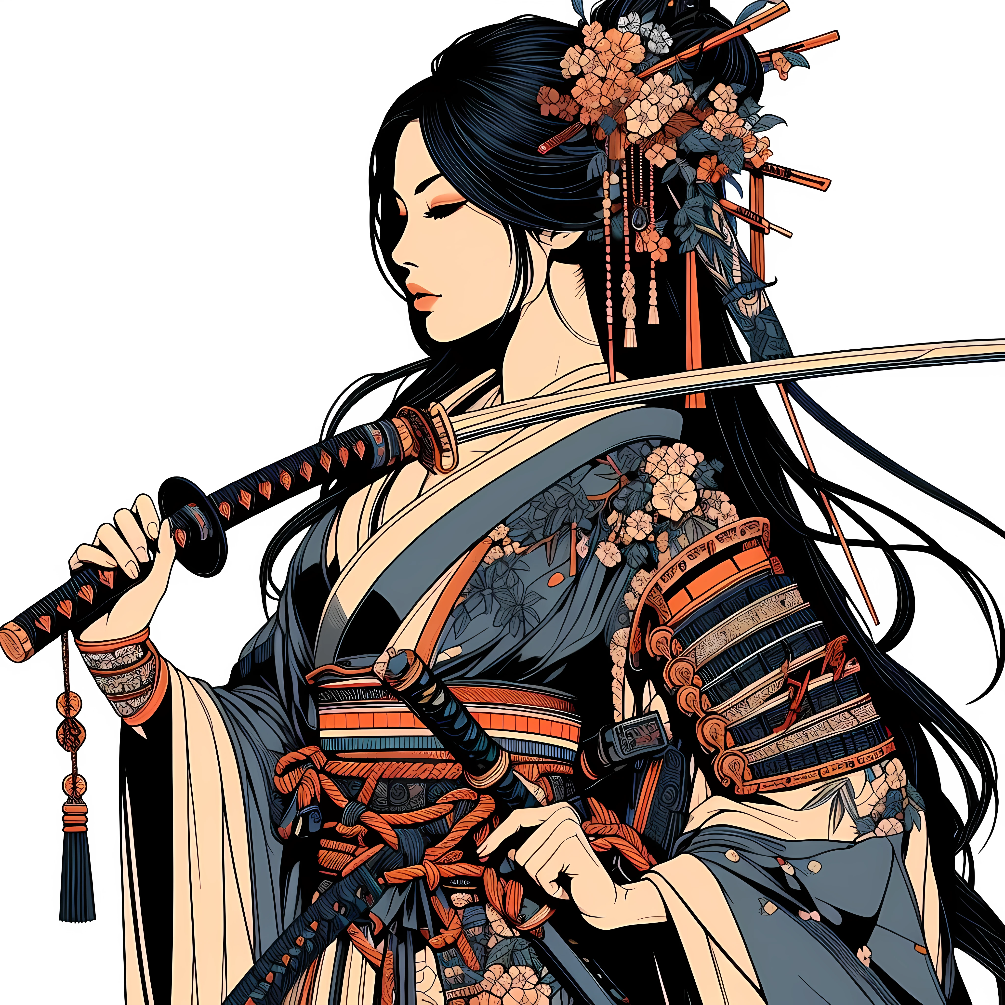 Créer un (Chef-d&#39;œuvre 32k, Meilleure qualité:1.4) illustration d&#39;art en ligne colorée de: une belle samouraï japonaise, elle est l&#39;incarnation du pouvoir et de l&#39;élégance historique, dégageant une aura d&#39;invincibilité et de charme à la fois