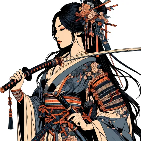 create a (32k masterpiece, best quality:1.4) coloured line art illustration of: a beautiful Japanese female samurai, she is the ...