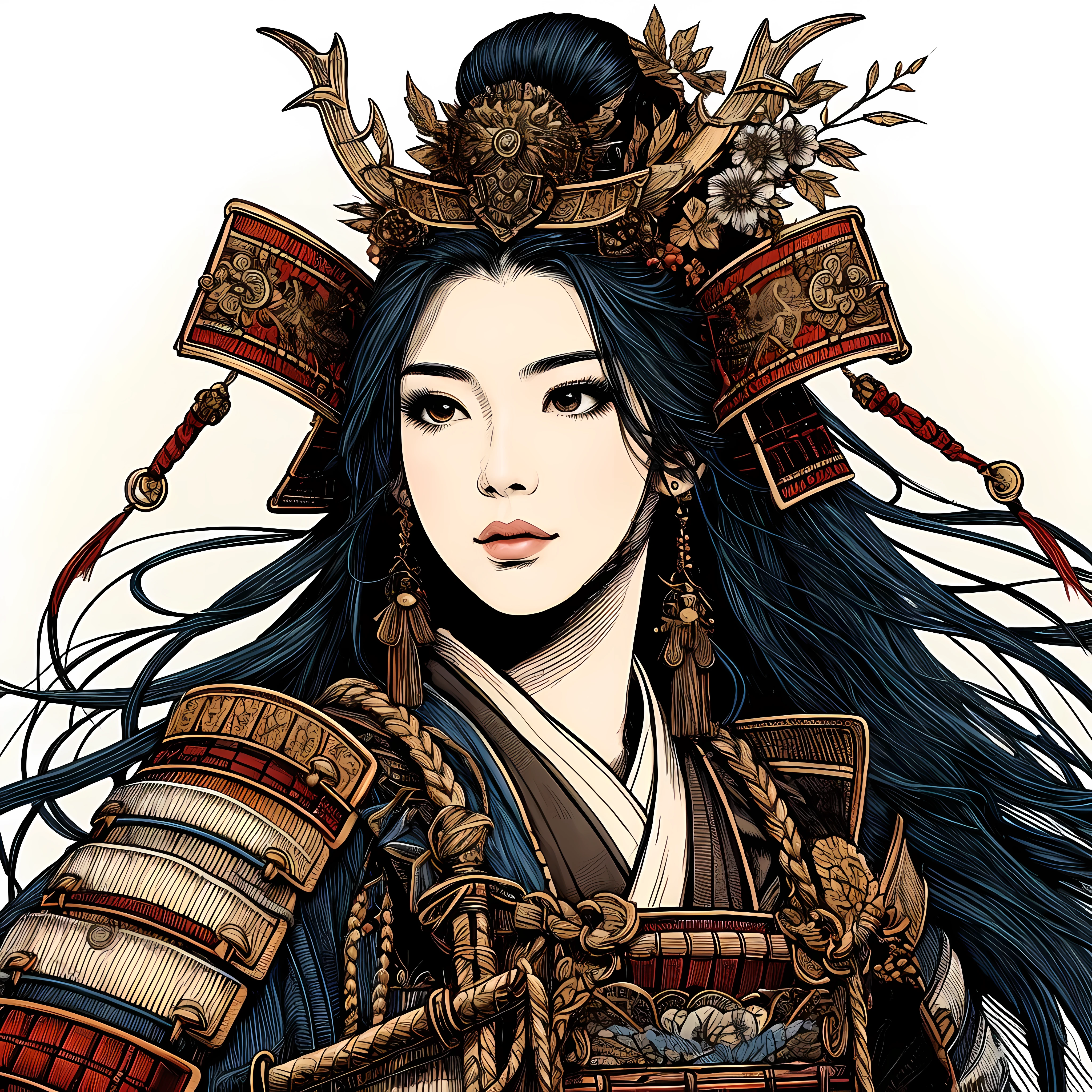 Criar uma (Obra-prima de 32k, melhor qualidade:1.4) ilustração de arte em linha colorida de: uma linda samurai japonesa, ela é o epítome do poder e da elegância histórica, exalando uma aura de invencibilidade e charme ao mesmo tempo