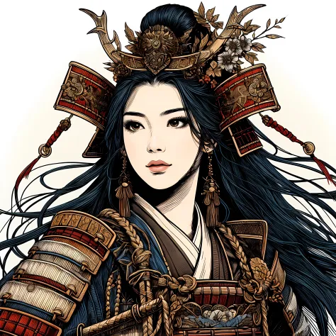 create a (32k masterpiece, best quality:1.4) coloured line art illustration of: a beautiful Japanese female samurai, she is the epitomy of power and historic elegance, exuding an aura of invincibility and charm at the same time