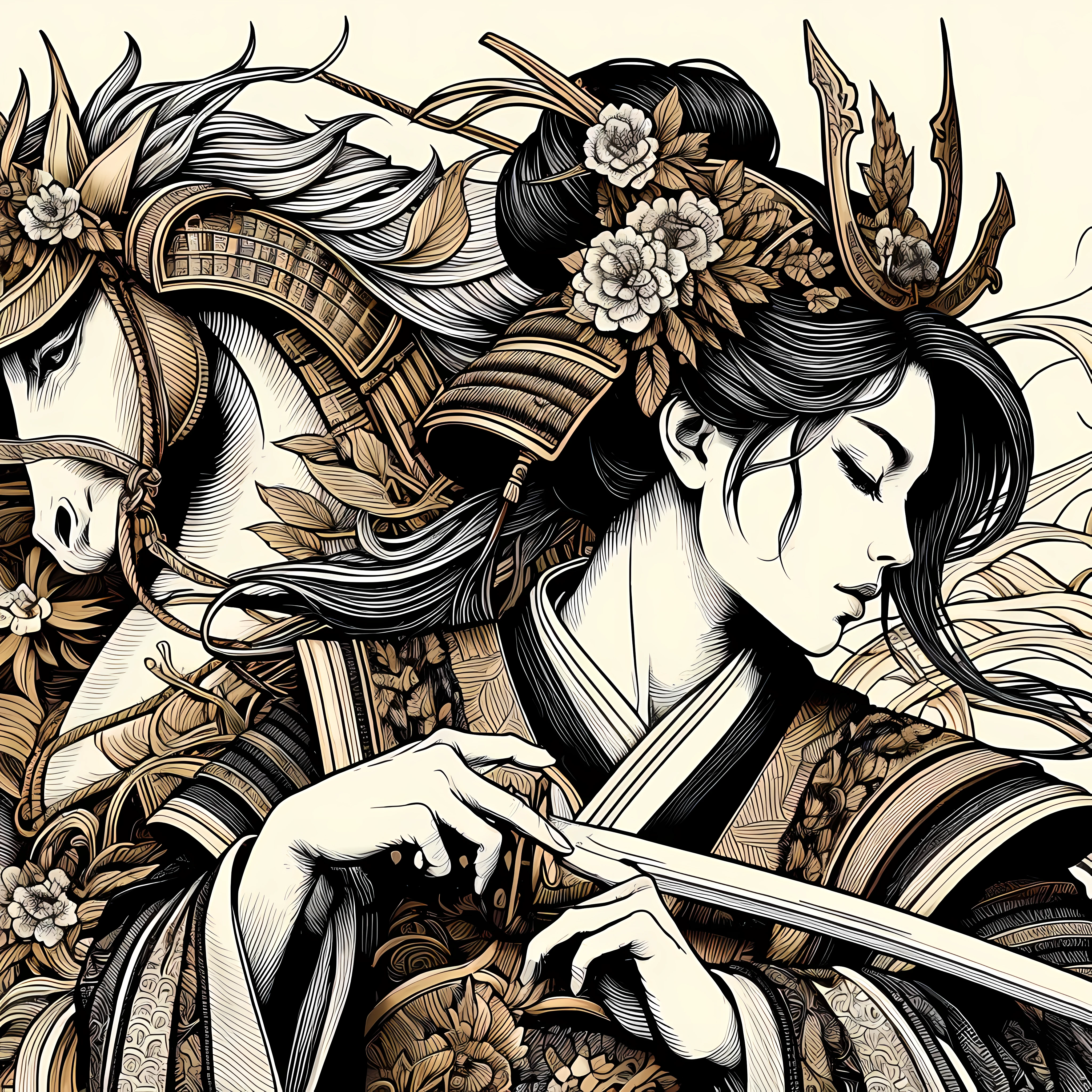 create a (32k masterpiece, best quality:1.4) coloured line art illustration of: a beautiful Japanese female samurai, she is the epitomy of power and historic elegance, exuding an aura of invincibility and charm at the same time