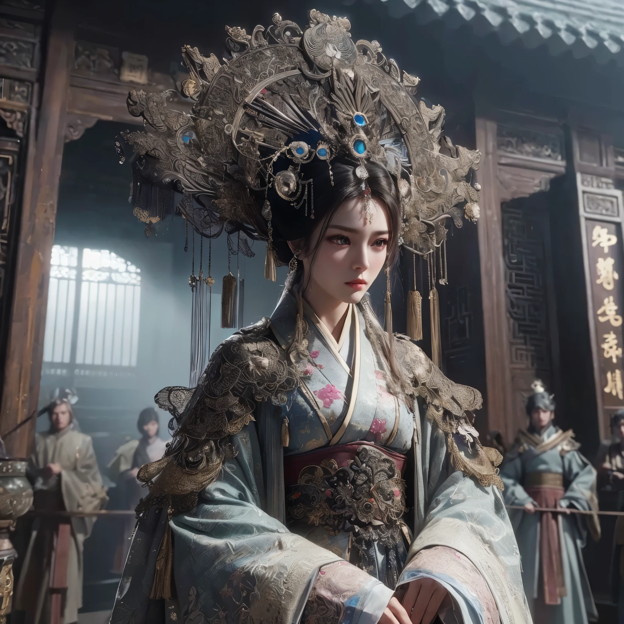 generate donghua big breast, character wearing traditional chinesse dress living at ancient chinesse era, chinesse castle, chinesse ornament,  masterpiece, hyperdetail, 8k, ambient effect, digital effect, masterpiece, best quality:1.2),(8k,highres,RAW photo,realistic,photo-realistic:1.3),(detailed skin texture,detailed cloth texture,beautiful detailed face:1.25),professional lighting,photon mapping,beautiful soft light,radiosity,physically-based rendering,raytracing, model shoot style, model shoot style, (extremely detailed CG unity 8k wallpaper), full shot body photo of the most beautiful artwork in the world,,