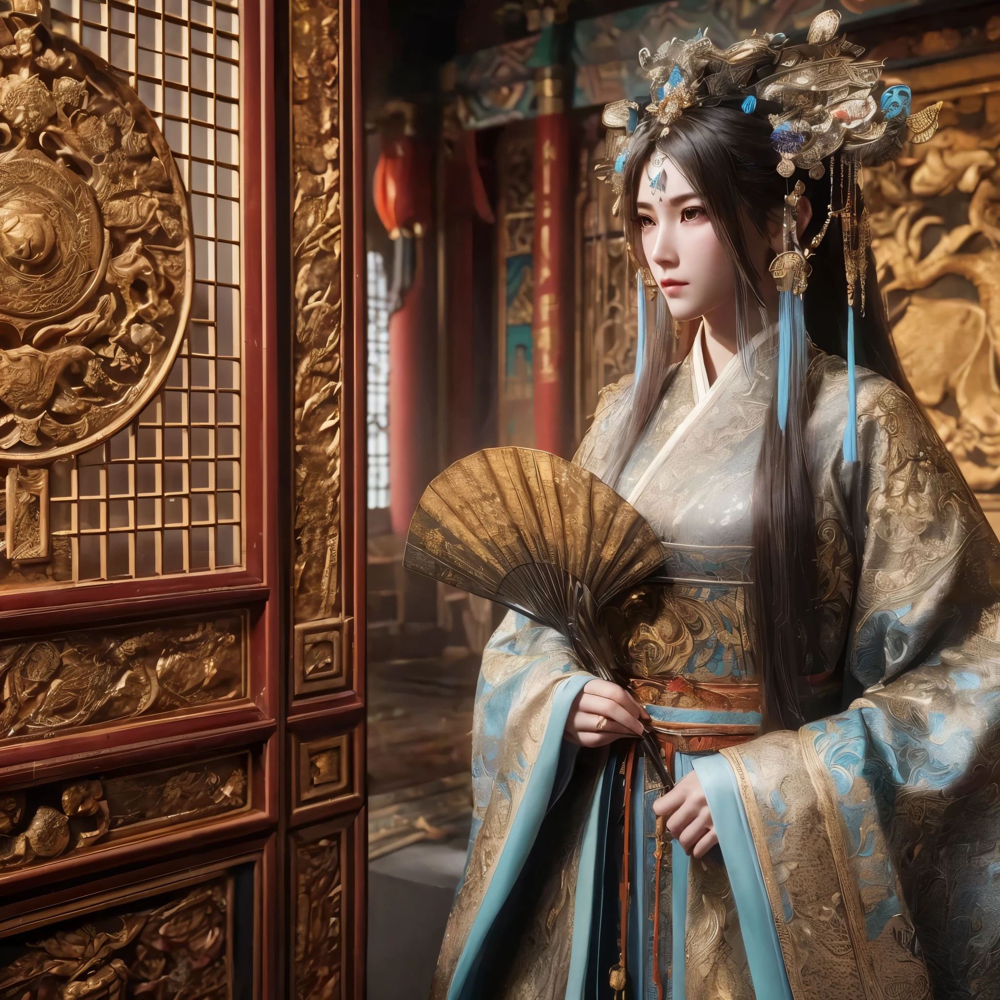 generate donghua big breast, character wearing traditional chinesse dress living at ancient chinesse era, chinesse castle, chinesse ornament,  masterpiece, hyperdetail, 8k, ambient effect, digital effect, masterpiece, best quality:1.2),(8k,highres,RAW photo,realistic,photo-realistic:1.3),(detailed skin texture,detailed cloth texture,beautiful detailed face:1.25),professional lighting,photon mapping,beautiful soft light,radiosity,physically-based rendering,raytracing, model shoot style, model shoot style, (extremely detailed CG unity 8k wallpaper), full shot body photo of the most beautiful artwork in the world,,