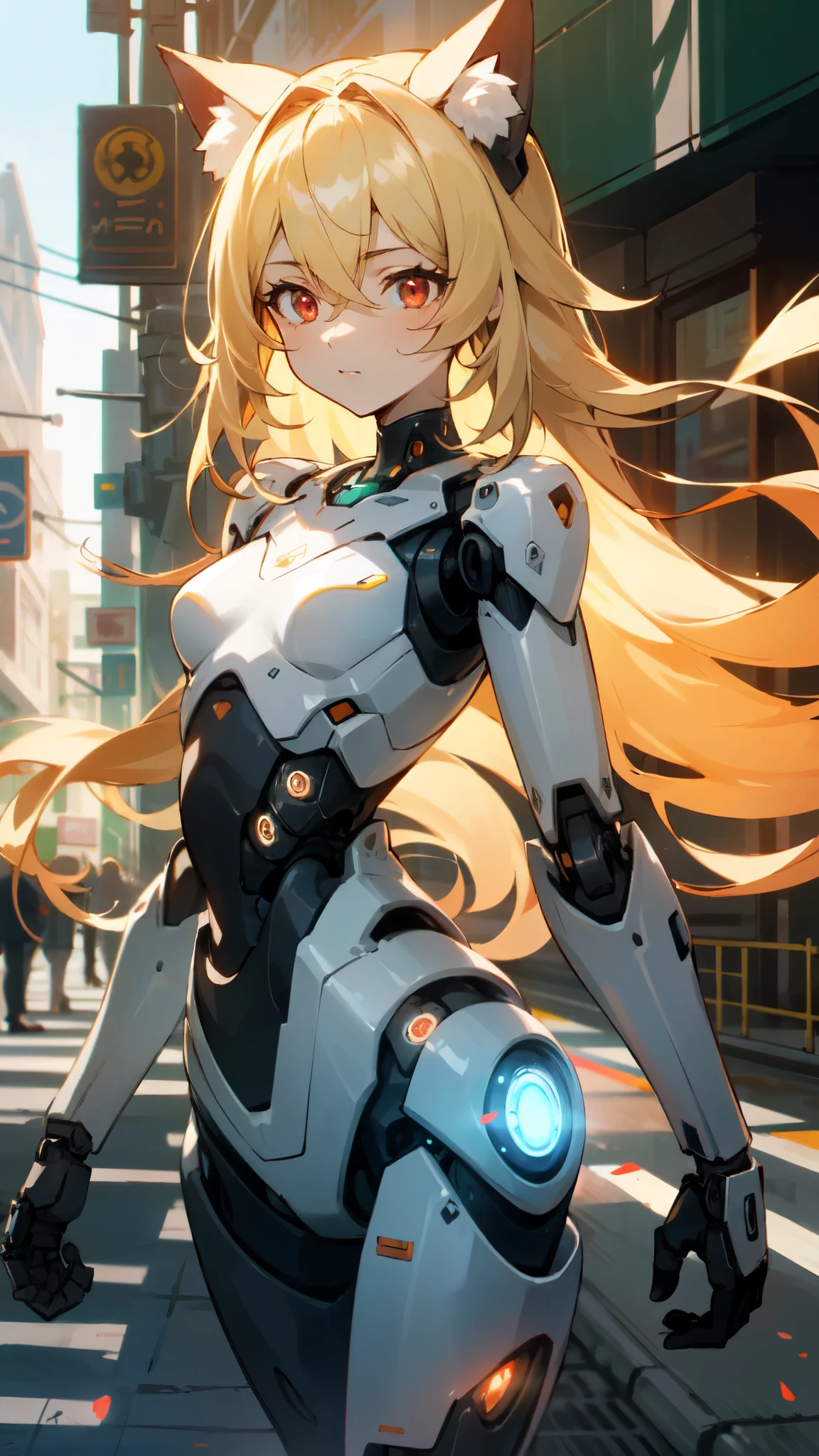 an extremely delicate,
beautiful girl,
break,
8k,
best quality,
masterpiece,
ultra hires,
ultra detailed girl,
super fine illustration,
break,
cowboy shot,
active pose,
rim lighting,
Cinematic Lighting,
outdoors,
(street:1.2),
day,
(sunny:1.2),
bright,
break,
1girl,
solo,
(cyborg girl:1.3),
college age,
perfect female body,
long hair,
big hair,
air bangs,
long bangs between eyes,
fluffy hair,
(shiny blonde hair),
boyish face,
(red eyes),
(glowing cyborg eyes:1.2),
bare thighs,
bare shoulders,
small breasts,
break,
white body,
doll joints,
blue power lamp,
mechanical cat ears,