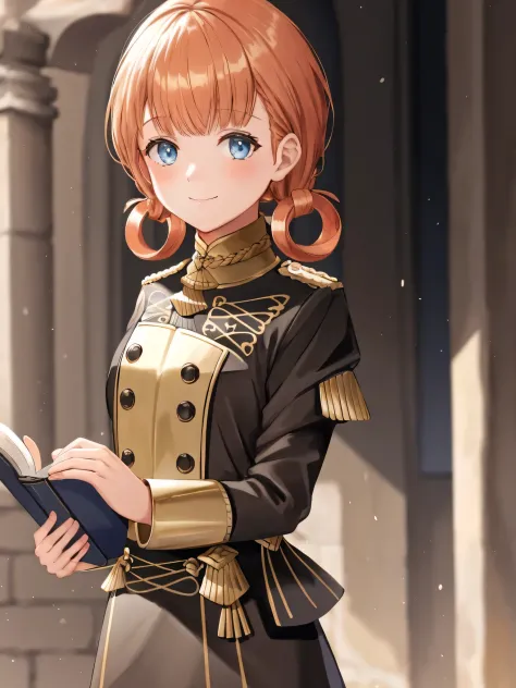 annetudent, 1girl, solo, looking at viewer, smile, holding, twintails, closed mouth, upper body, close up, uniform, reading, book, hair rings, holding book, garreg mach monastery uniform