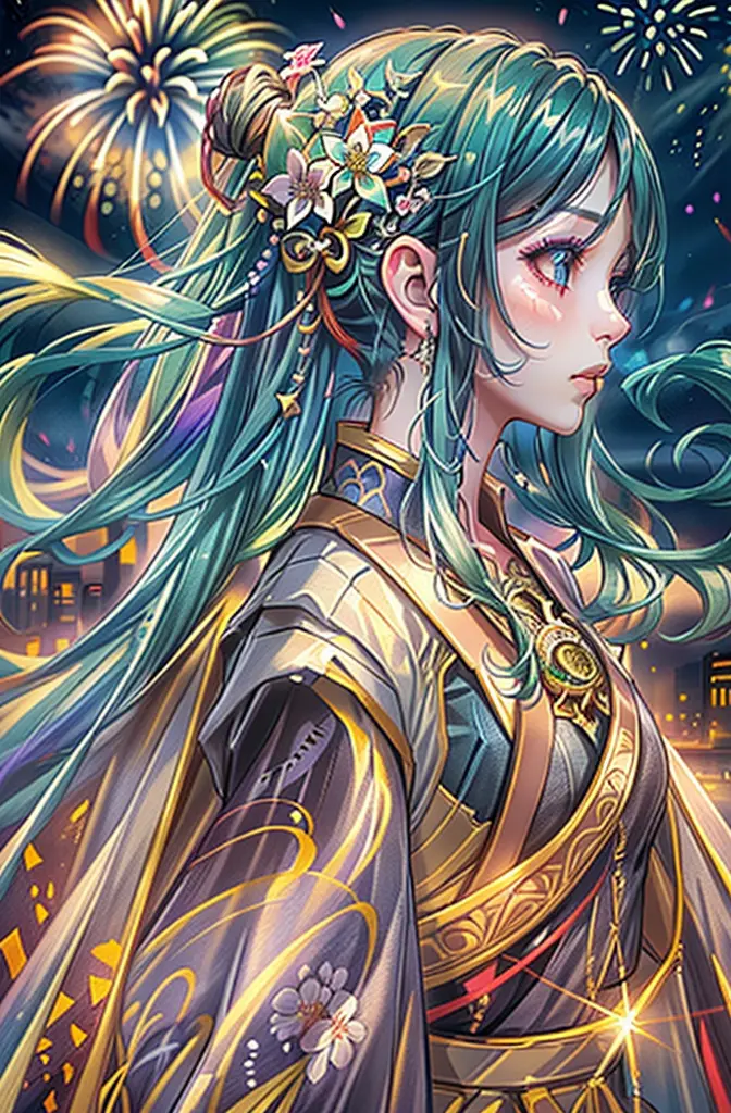 1girl, detailed night sky, fireworks, complex background, complex vivid color clothing, detailed colorful hair ornaments, break ...