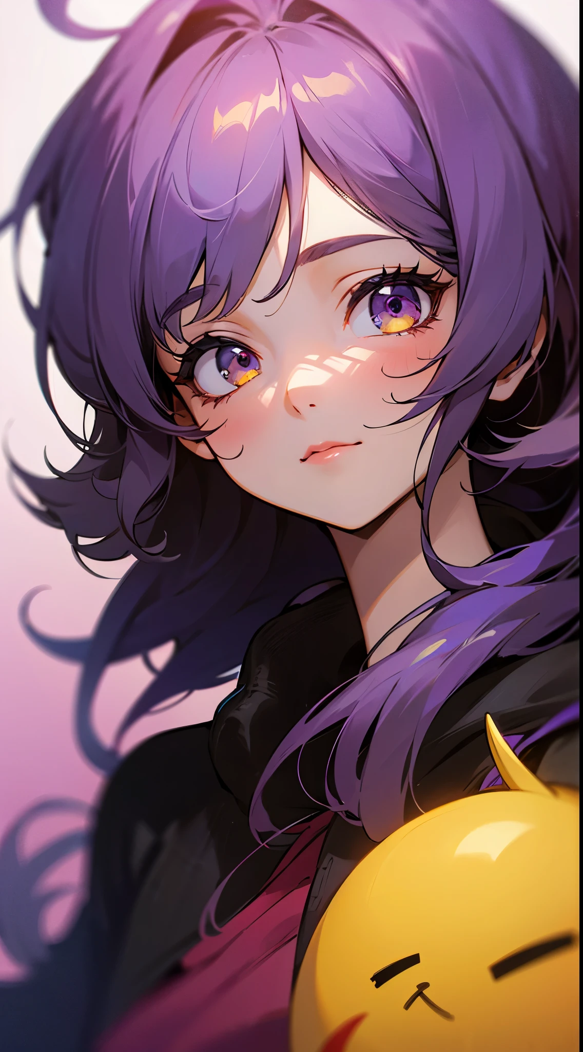 Anime girl with purple hair and a yellow emoticion - SeaArt AI