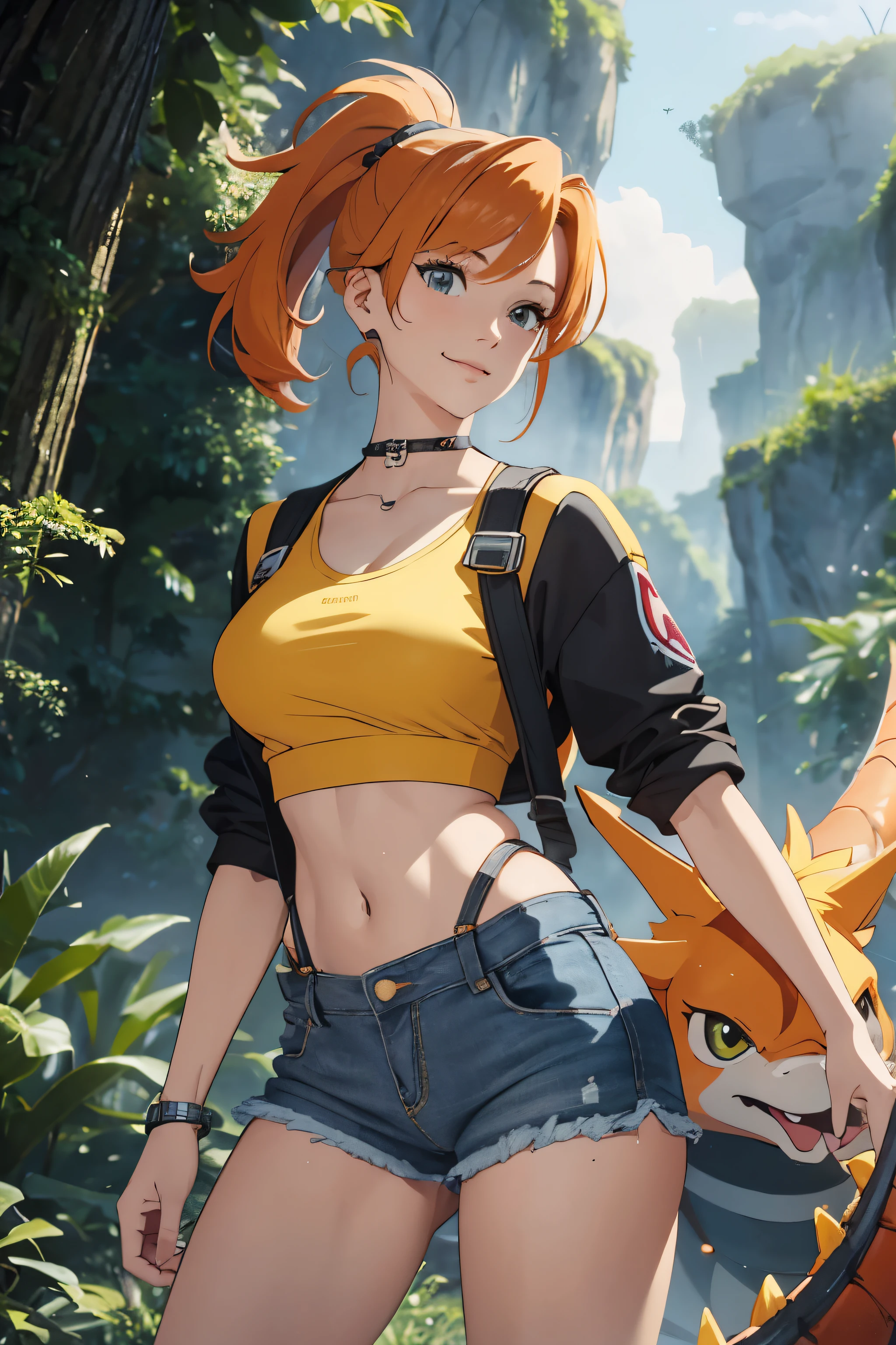 The centerpiece of the image is Misty from Pokémon, standing outdoors with a confident smile. Orange hair styled in a side ponytail, wearing denim shorts with suspenders, yellow crop top that shows off her midriff and navel. Yellow tank top. Cowboy shot posture exudes confidence and strength.

Misty is accompanied by a cute Dragon.

Overall, the image is a masterpiece, with high-quality details and a realistic rendering of Misty, her outfit, and her companion dragon. The colors are vivid and eye-catching, and the image is high-resolution, capturing every nuance of Misty's confident and adventurous spirit.