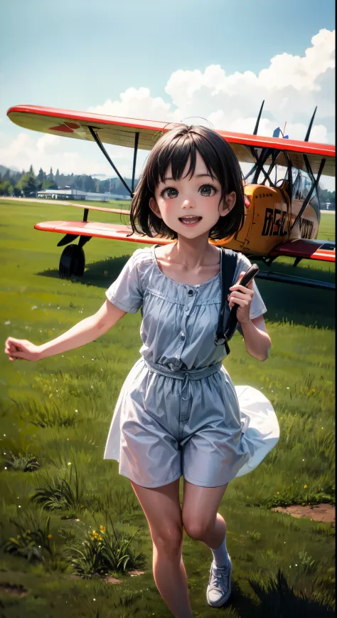 A biplane is landing on a grassy field、（A girl is next to a biplane:1.8）、smiling  girl