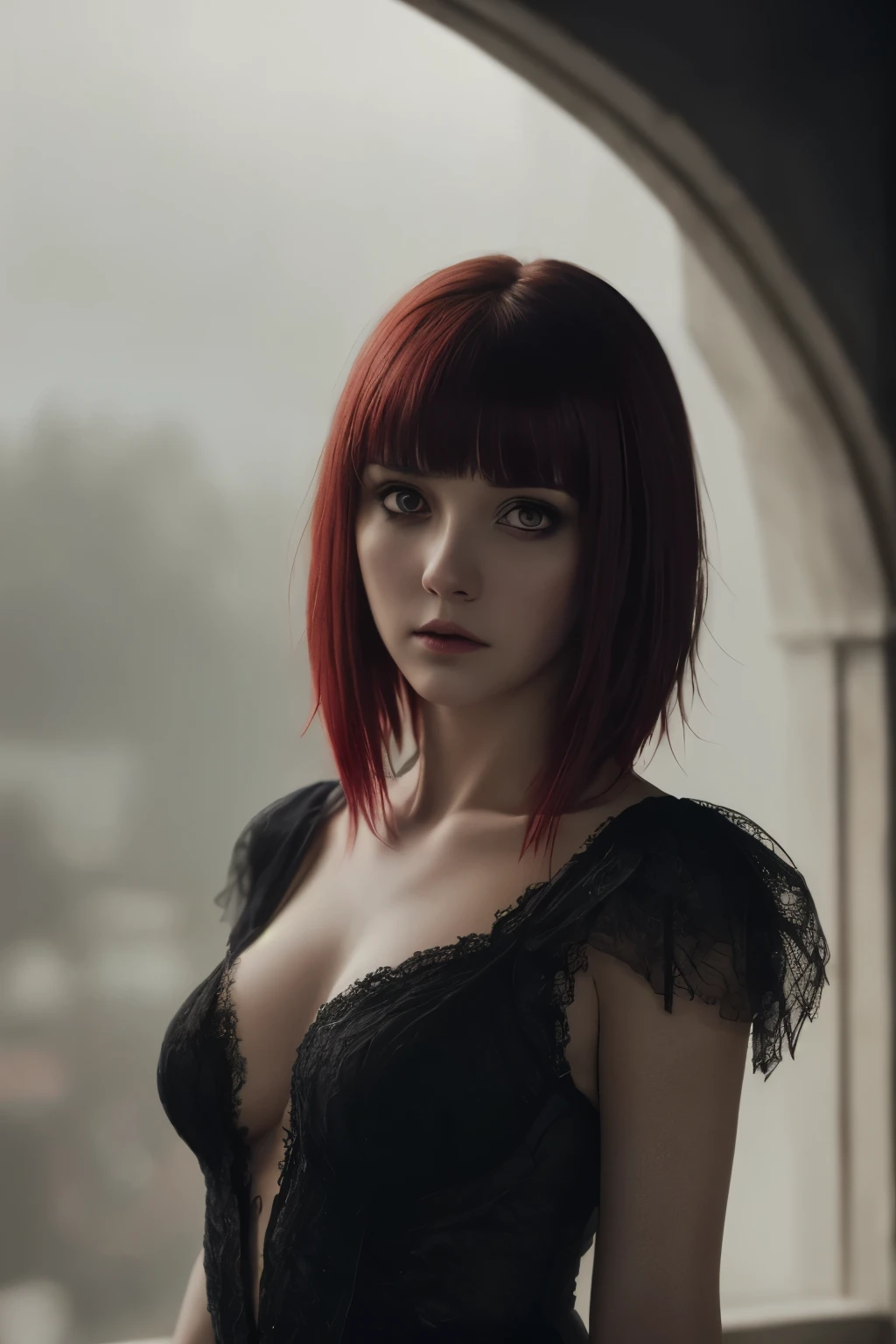 (Realisttic:1.2), analog photo style, cute woman with short black hair and red bangs, red eyes, (Gloomy and dark atmosphere), soft natural light, faded colours, sexy, pleasure, great quality, Masterpiece, detailed fantasy background, better performance, 16k quality, HDR, RAW photo