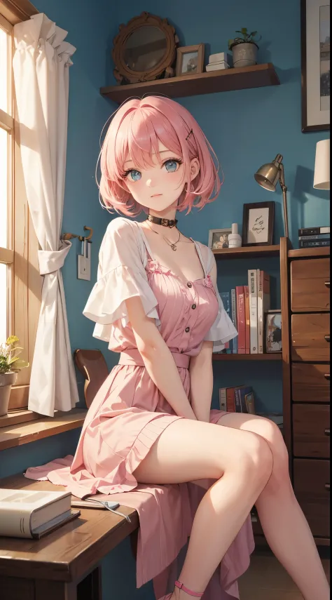 master piece,best quality, Solo lady,24 year old, beautiful eyes,cute, sitting,girl's own room,pink fashion,Pink Room, short hair, flipped hair
