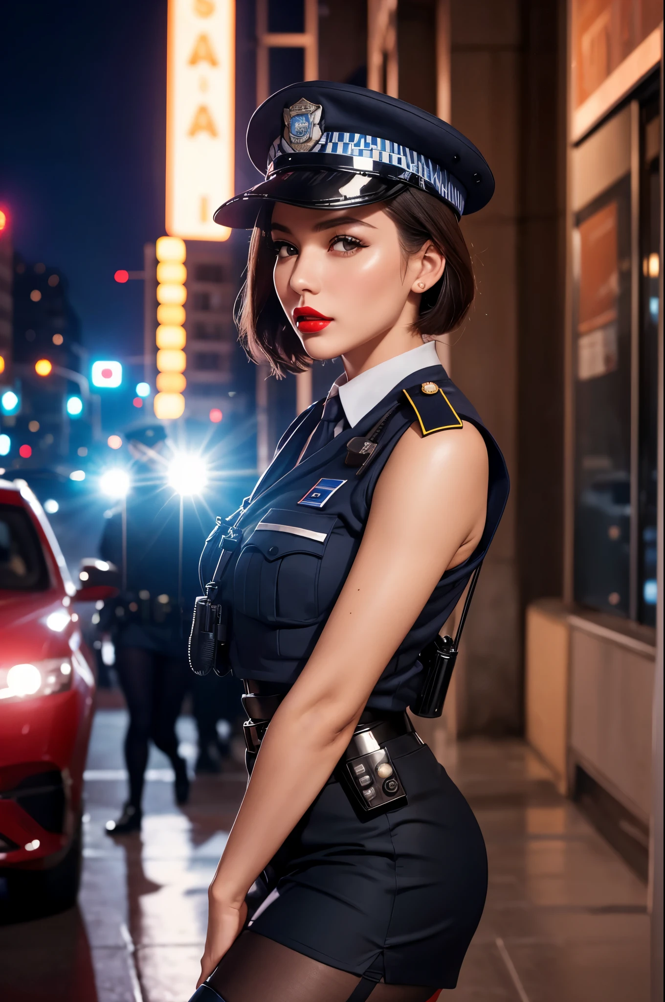 Solo, (Police Uniform, Policewoman), Stockings, City Lights, (Looking at the audience: 1.3), Lips Apart, Red Lips, Shiny Skin, Skin Dents, Best Quality, Ultra High Resolution, (Realism: 1.4),