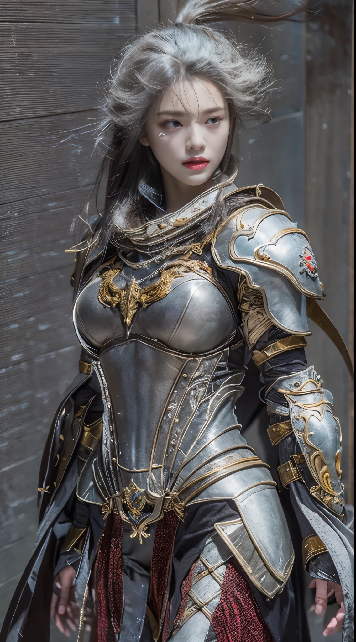 （8K，Best picture quality：1.2），（tmasterpiece：1.37），（photore，realisticlying：1.37），（Ultra-high resolution）， [Chinese|Russian|Japanese|Korean]，A half body，Walking posture，Shooting from front，Slow motion，Female paladins dressed in full body，（Light silver armor：1.2），（Ornately decorated armor），（insanely detaillooms：1.5），（highest  quality，Alessandro Casagrande，greg rutkovsky，Sally Mann，concept-art，4K），（simulating：1.2），（High- sharpness），（detailedpupils：1.1），detailed faces and eyes， tmasterpiece， best qualtiy， （Highly detailed photo：1.1）， （longblackhair，pony tails，ecstasy：1.1）， （Young woman：1.1）， Sharp， （perfect bodies：1.1）， realisticlying， Real Shadow， 3d， （a temple background：1.2）， Cross your arms over your chest
photograph：Canan EOS R6， 135mm， 1/1/2.8， ISO 400, The old town is undergoing demolition, Houses gradually became vacant, The streets became deserted and dilapidated, 1 girl walked in an empty alley,