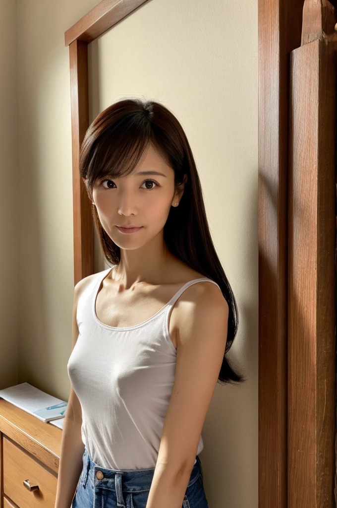 (High reality photograph, high resolusion, detailed face, detailed eyes) Skinny Japanese lady, 40 years old, cute face, various face expression, mid-length hair, skinny figure, small breasts, very thin waist, white T-shirt, in a Japanese room
