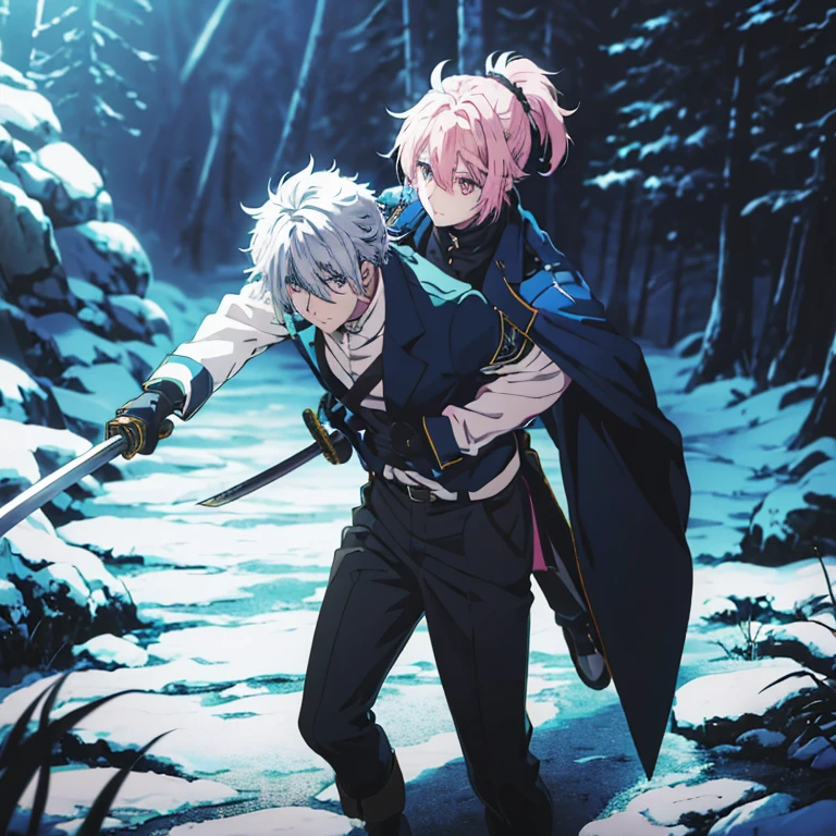 (anime boy)
(Short hair with pink ponytail).
(Eyes, blind in one eye, silver color).
(vertimeta hunting boot with black pants white shirt with blue jacket with black gloves)
(in a forest at night carrying a katana sword).