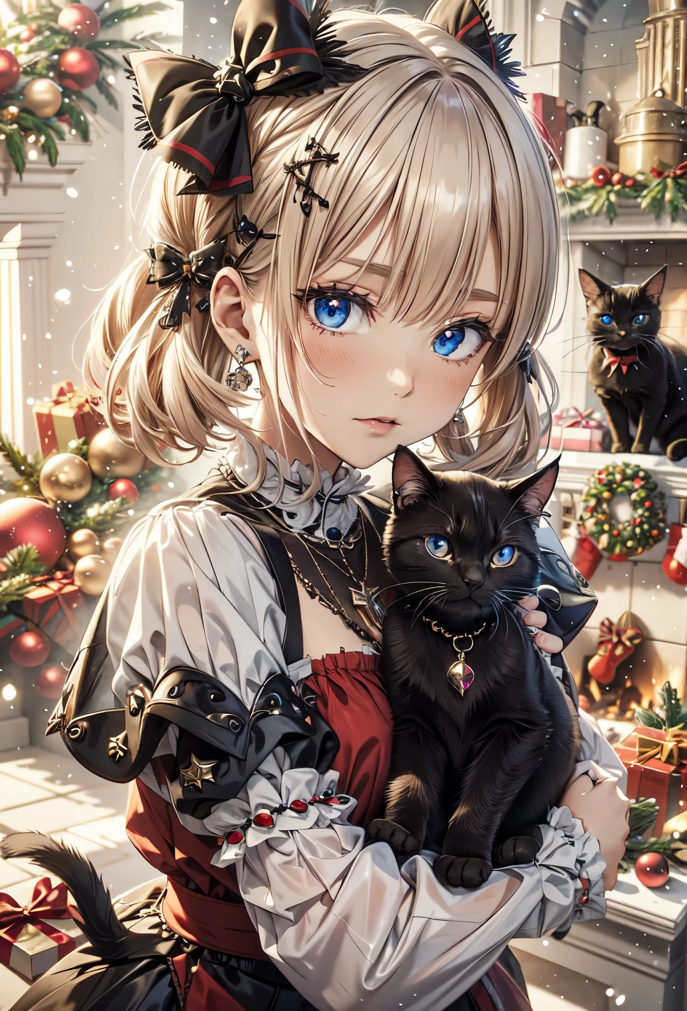 不条理な, 超詳細な,明るい色, ショートヘア,ふわふわの短いツインテールのブロンドの髪:1.2)輝く髪,(ゴシックロリータ:1.5),(暖炉のある部屋でクリスマスを祝いましょう:1.2),(キスフェイス:1.3),(クリスマスツリー),クリスマスの飾り,(照明光),(たくさんの黒猫:1.3),繊細で美しい顔, 赤面、(深い青い目:1.5), 白い肌, ヘアクリップ, イヤリング, ネックレス,