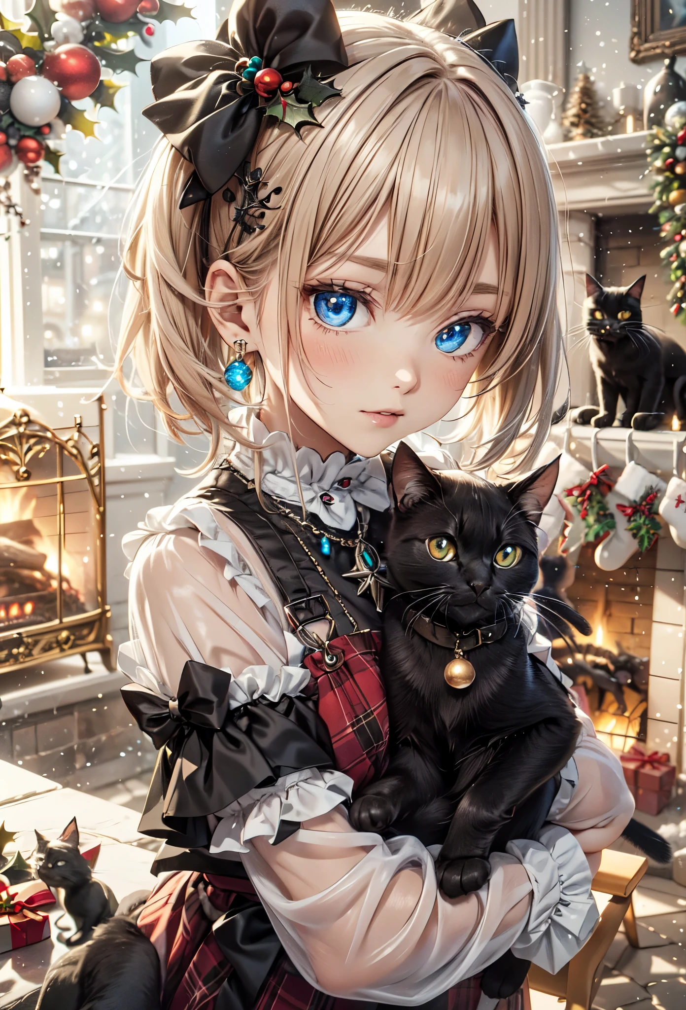 absurderes, ultra-detailliert,bright colour, Short hair,Blonde hair with fluffy short twintails:1.2)Shiny hair,(gothic lorita:1.5),(Celebrate Christmas in a room with a fireplace:1.2),(Kiss Face:1.3),(Christmas tree),Christmas Decorations,(Illuminated light),(many black cats:1.3),Delicate beautiful face, red blush、(Deep Blue Eyes:1.5), White skin, hair clips, earrings, a necklace,