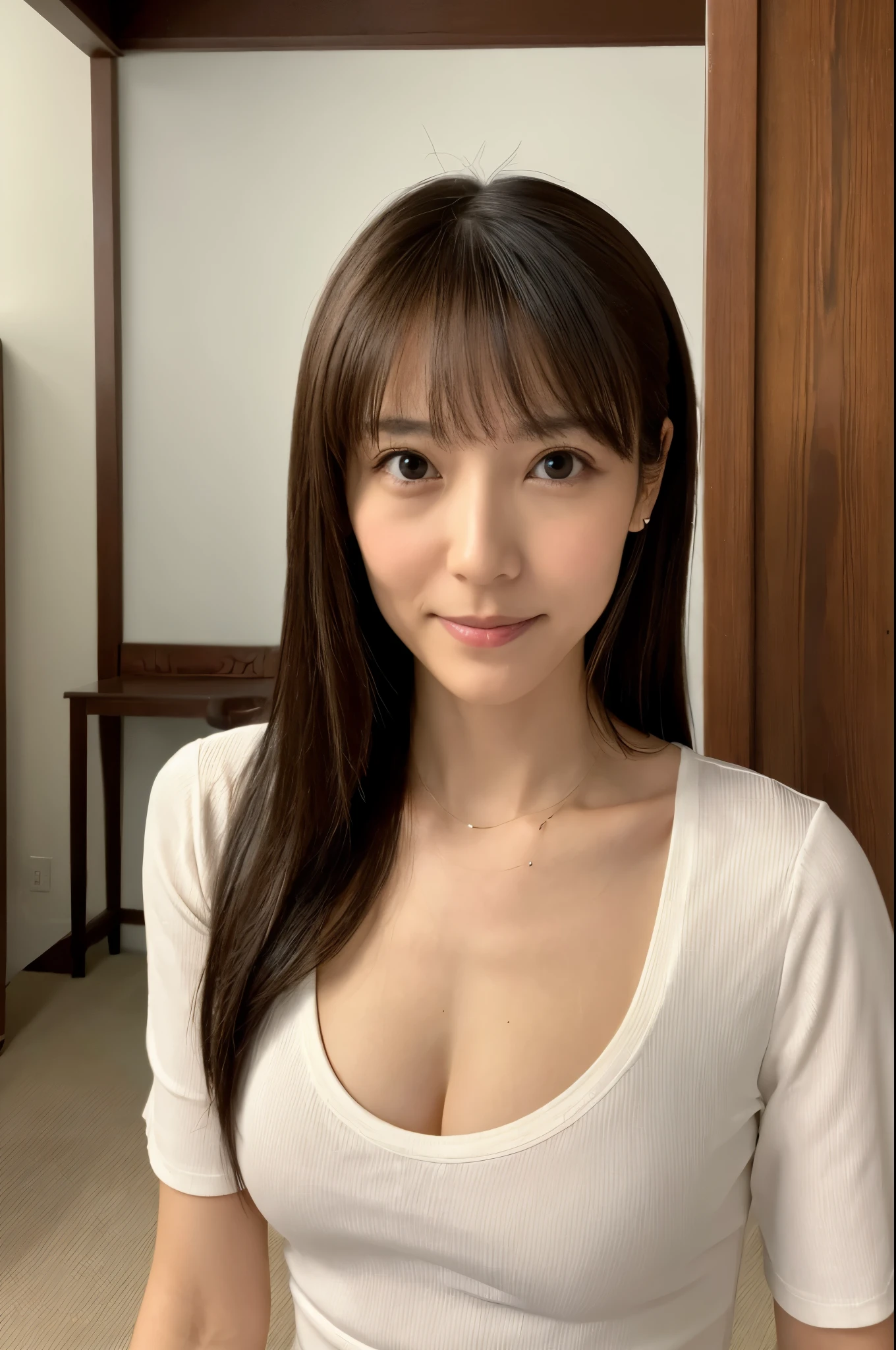 (High reality photograph, high resolusion, detailed face, detailed eyes) Skinny Japanese lady, 40 years old, cute face, various face expression, mid-length hair, skinny figure, small breasts, very thin waist, white T-shirt, in a Japanese room