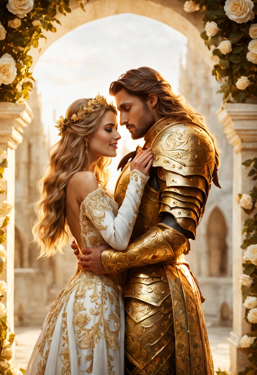 Beautiful Princess with long hair wearing an intricate white and gold lace gown embracing a handsome Knight in intricate runic golden accented white armor, under a white archway covered in Beautiful golen roses, engaged, happy, smiling, loving, (Photorealistic, Cinematic, Hyperrealistic, hyperdetailed, splash art, intricately detailed, color depth, colorful background, a masterpiece, 8k resolution, dark fantasy concept art, dynamic lighting, trending on Artstation, deep color, volumetric lighting: .9)